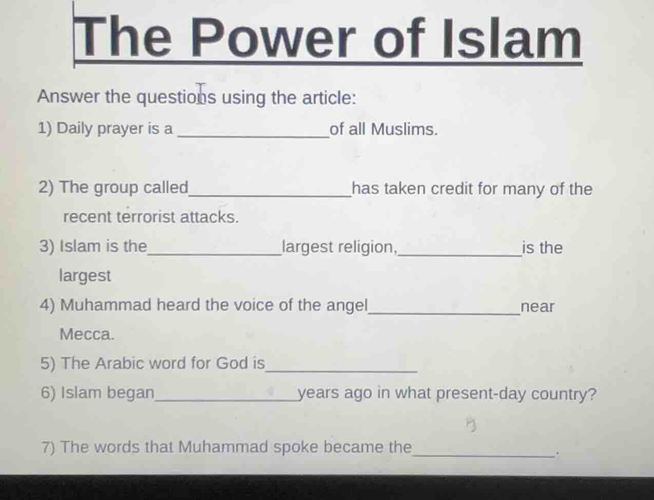 the power of islam answer the questions using the article: 1) daily pra…