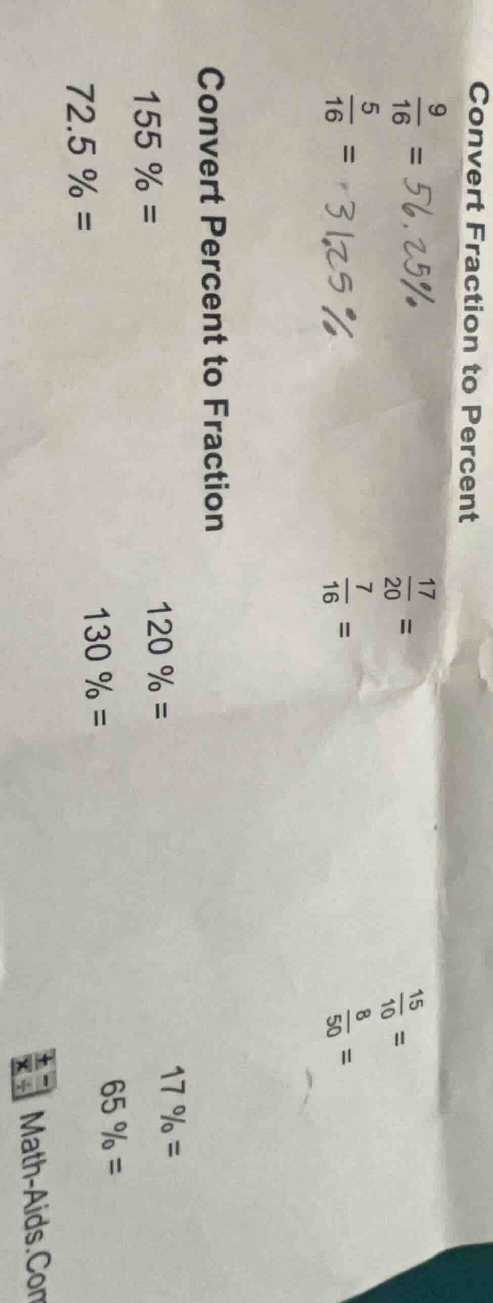 convert fraction to percent \\frac{9}{16} = 56.25% \\frac{17}{20} = \\f…