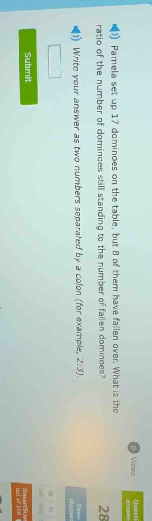 pamela set up 17 dominoes on the table, but 8 of them have fallen over.…