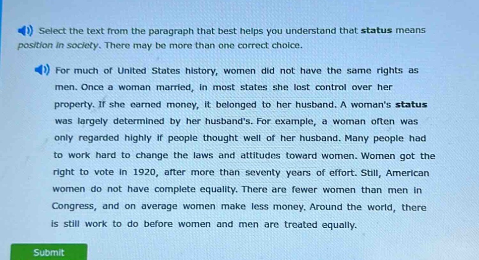 select the text from the paragraph that best helps you understand that …