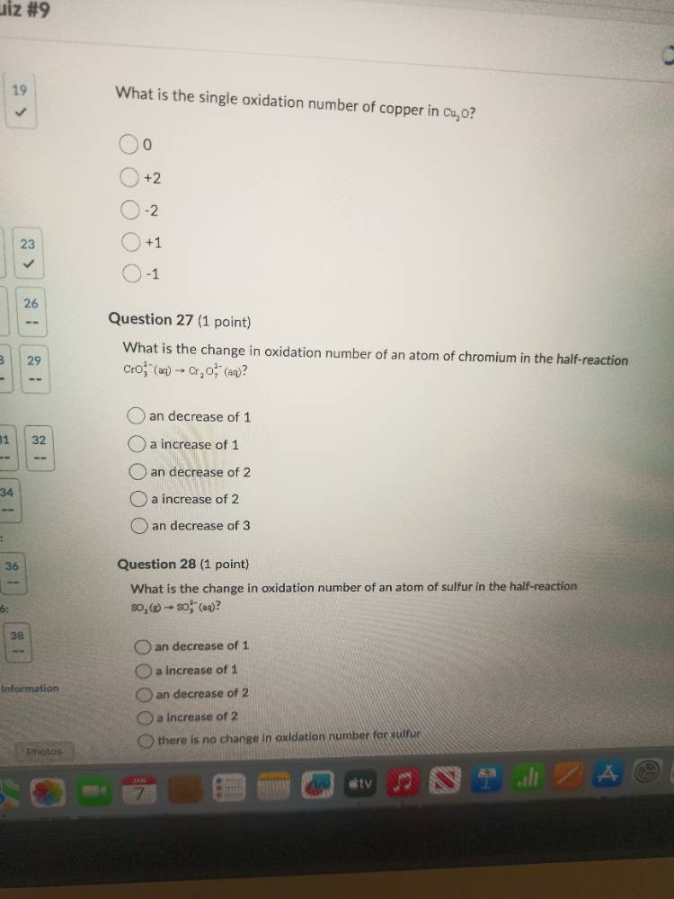 quiz #9 19 what is the single oxidation number of copper in cu₂o? ○ 0 ○…