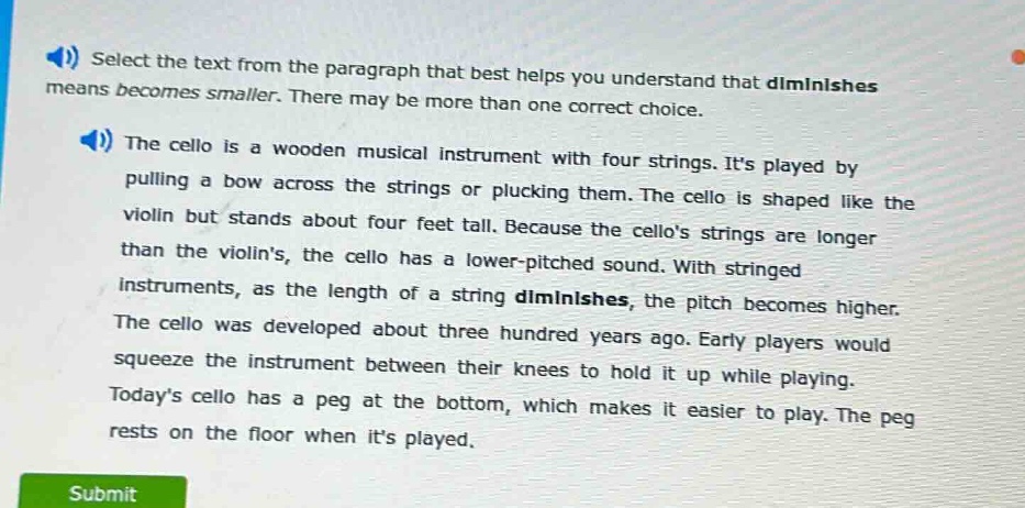 select the text from the paragraph that best helps you understand that …