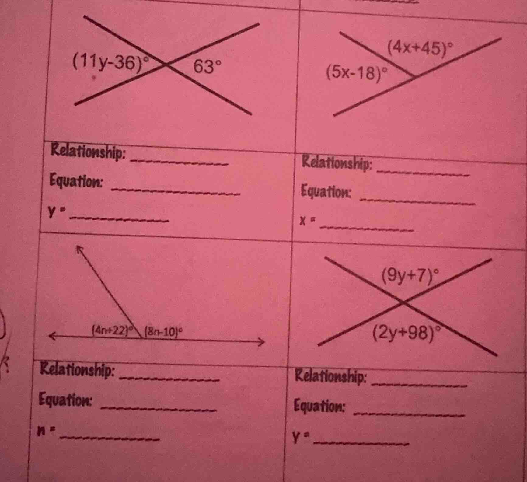 (11y - 36)° and 63° are vertical angles; (4x + 45)° and (5x - 18)° have…