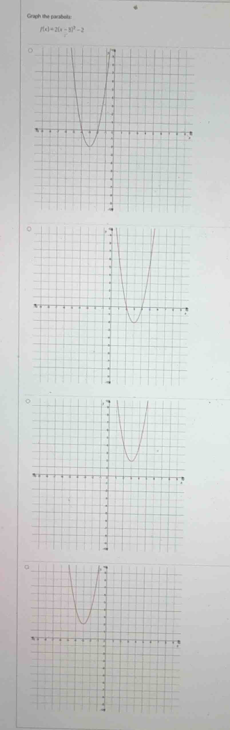 graph the parabola: $f(x)=2(x - 3)^2 - 2$