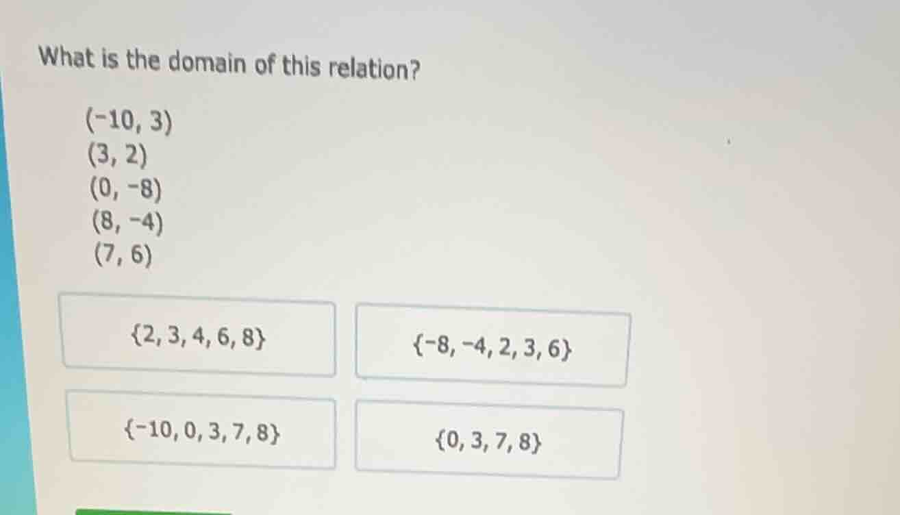 what is the domain of this relation? (-10, 3) (3, 2) (0, -8) (8, -4) (7…