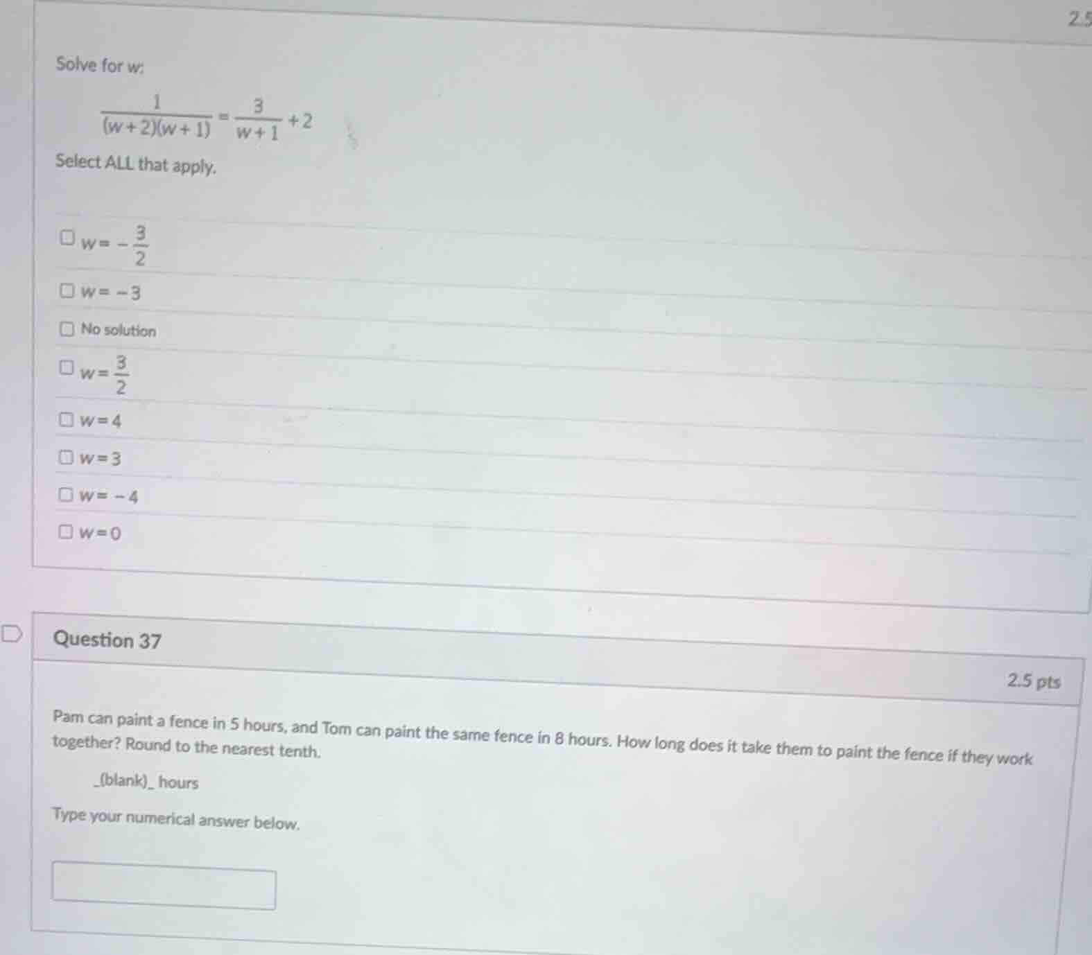 solve for w: \\frac{1}{(w + 2)(w + 1)} = \\frac{3}{w + 1} + 2 select al…