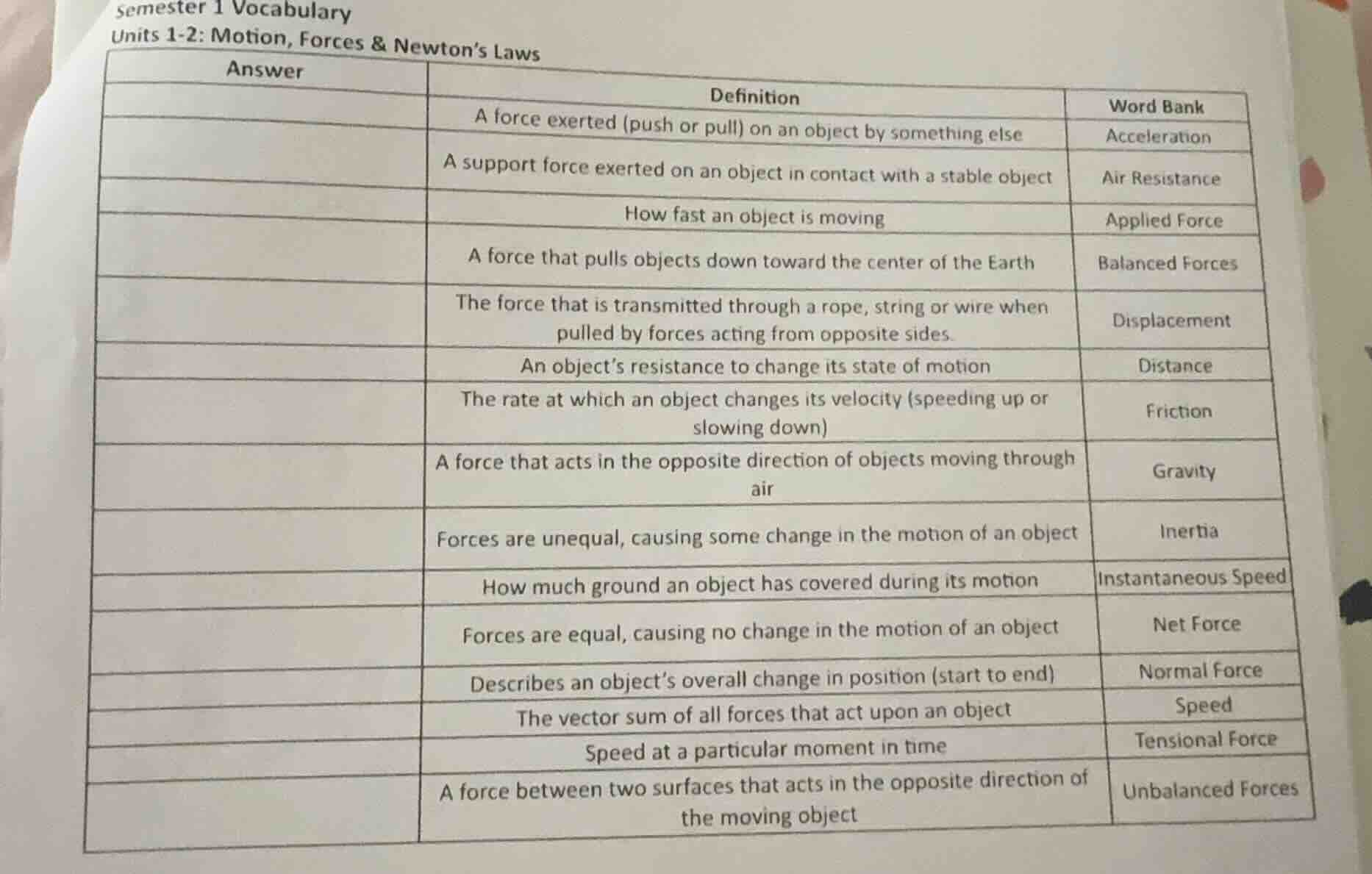 semester 1 vocabulary units 1-2: motion, forces & newton’s laws | answe…