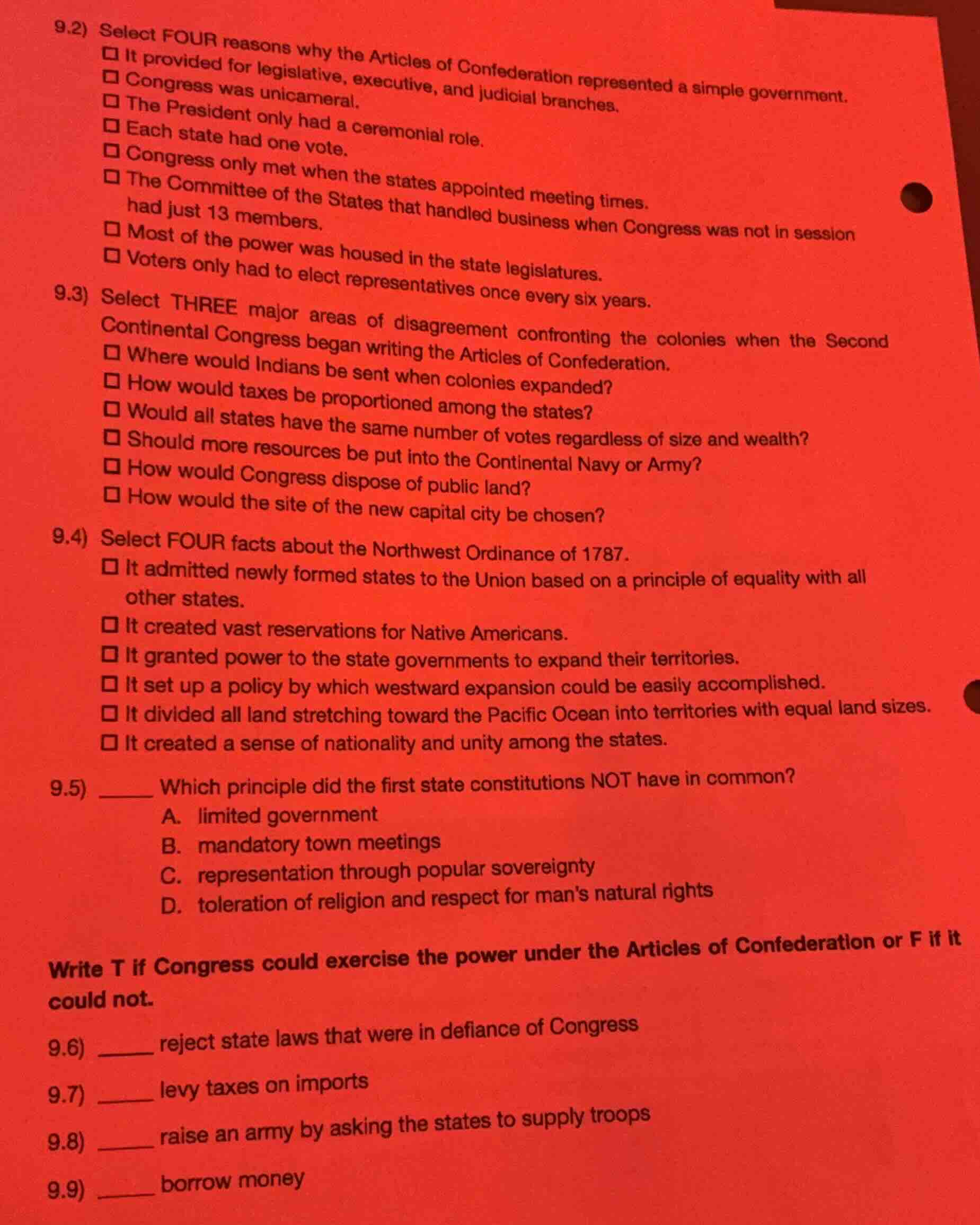 9.2) select four reasons why the articles of confederation represented …