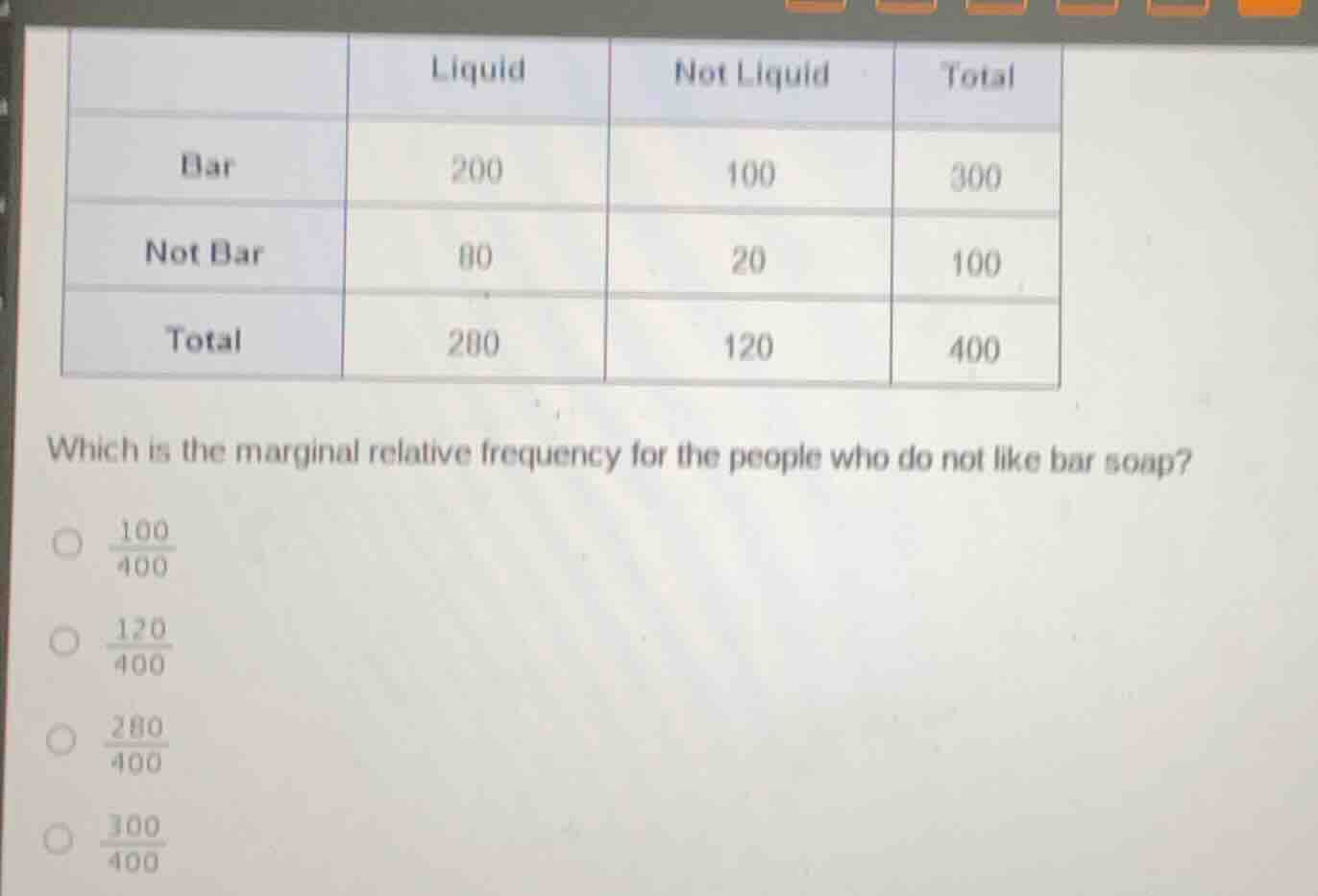 | | liquid | not liquid | total | | bar | 200 | 100 | 300 | | not bar |…