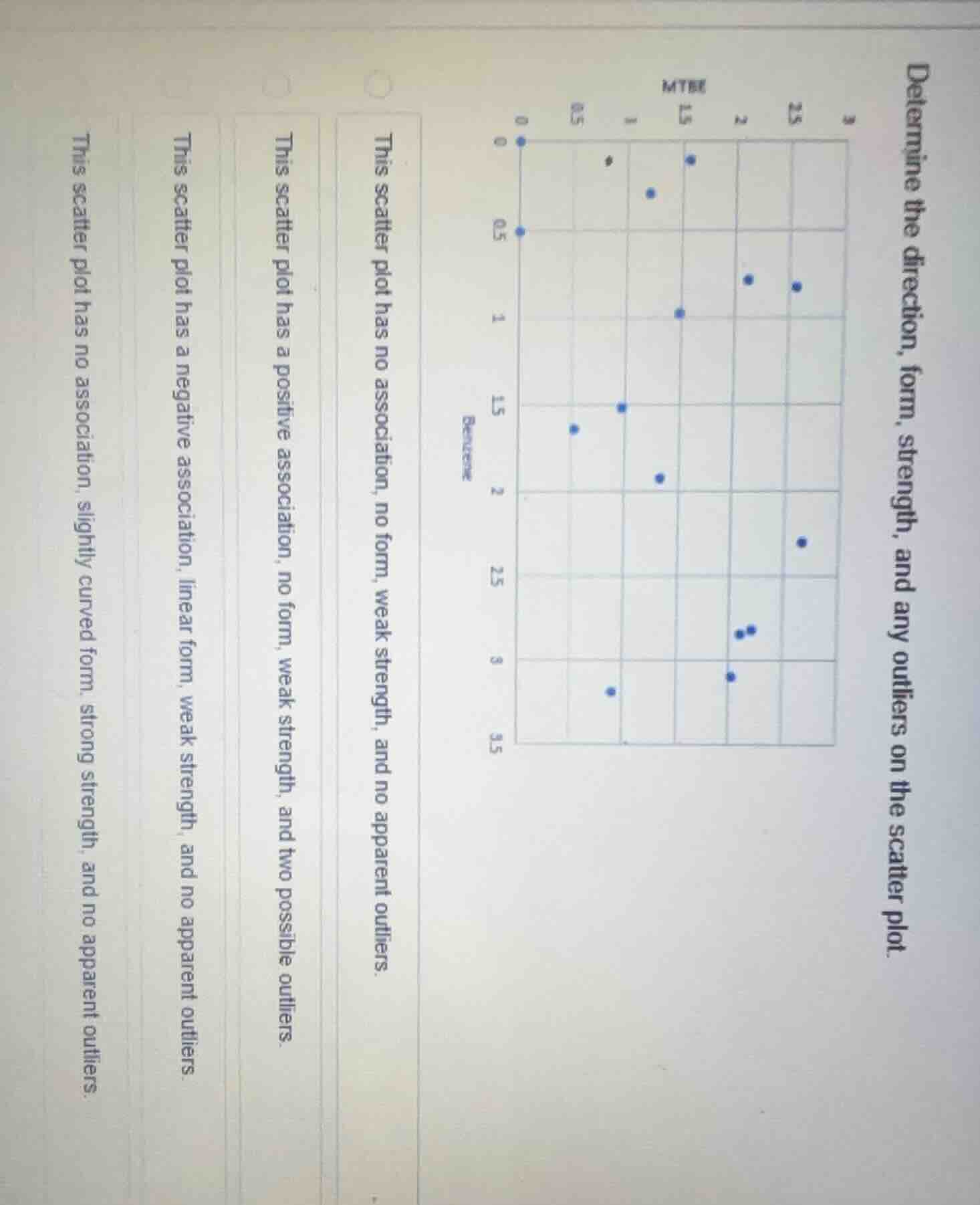 determine the direction, form, strength, and any outliers on the scatte…