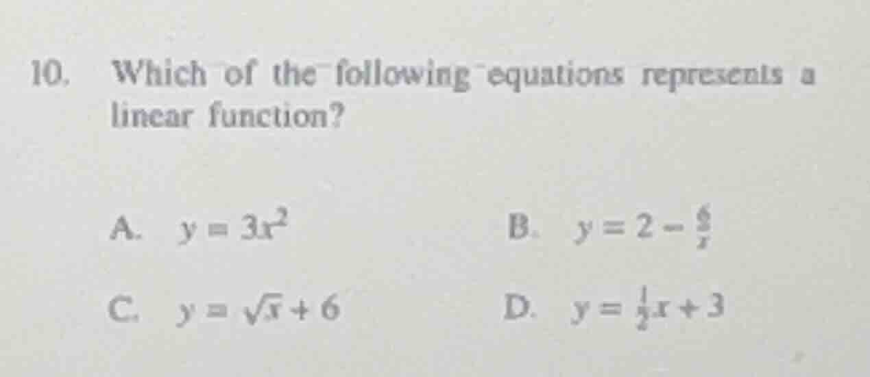 10. which of the following equations represents a linear function? a. $…