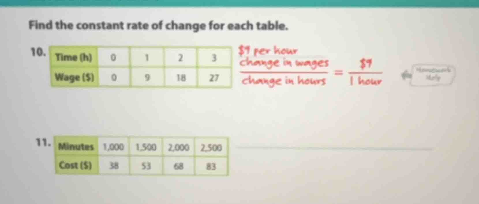 find the constant rate of change for each table. 10. | time (h) | 0 | 1…