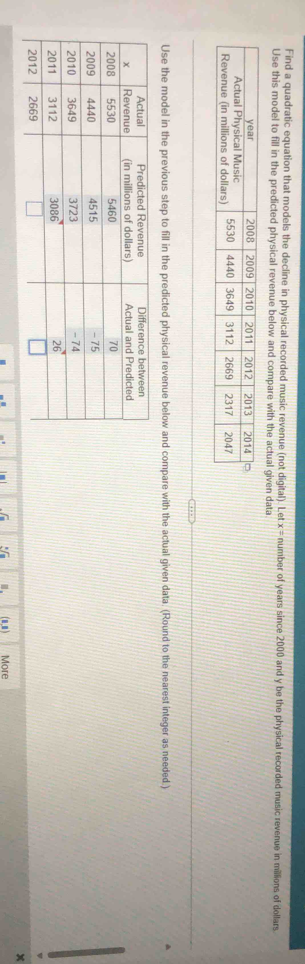 find a quadratic equation that models the decline in physical recorded …