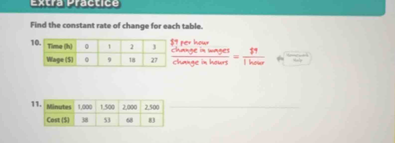 extra practice find the constant rate of change for each table. 10. tim…