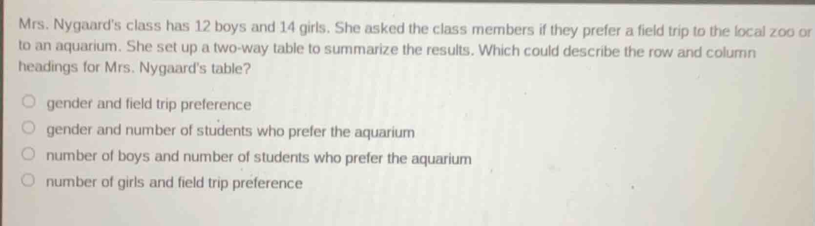 mrs. nygaards class has 12 boys and 14 girls. she asked the class membe…