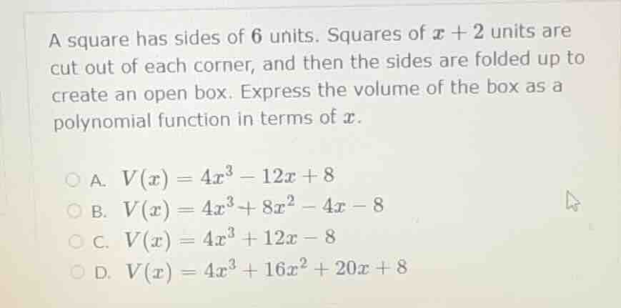 a square has sides of 6 units. squares of ( x + 2 ) units are cut out o…