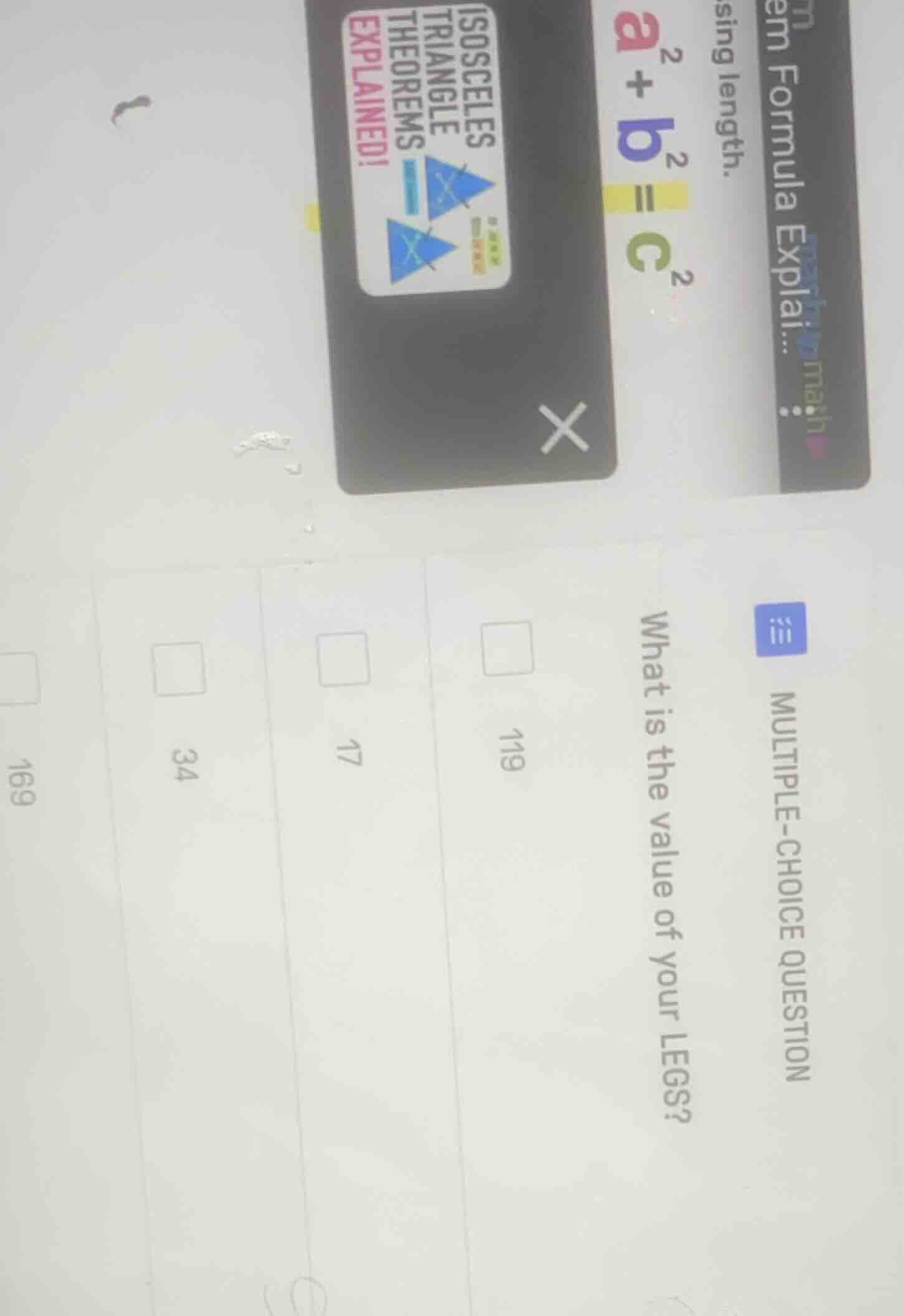 multiple-choice question what is the value of your legs? 119 17 34 169 …