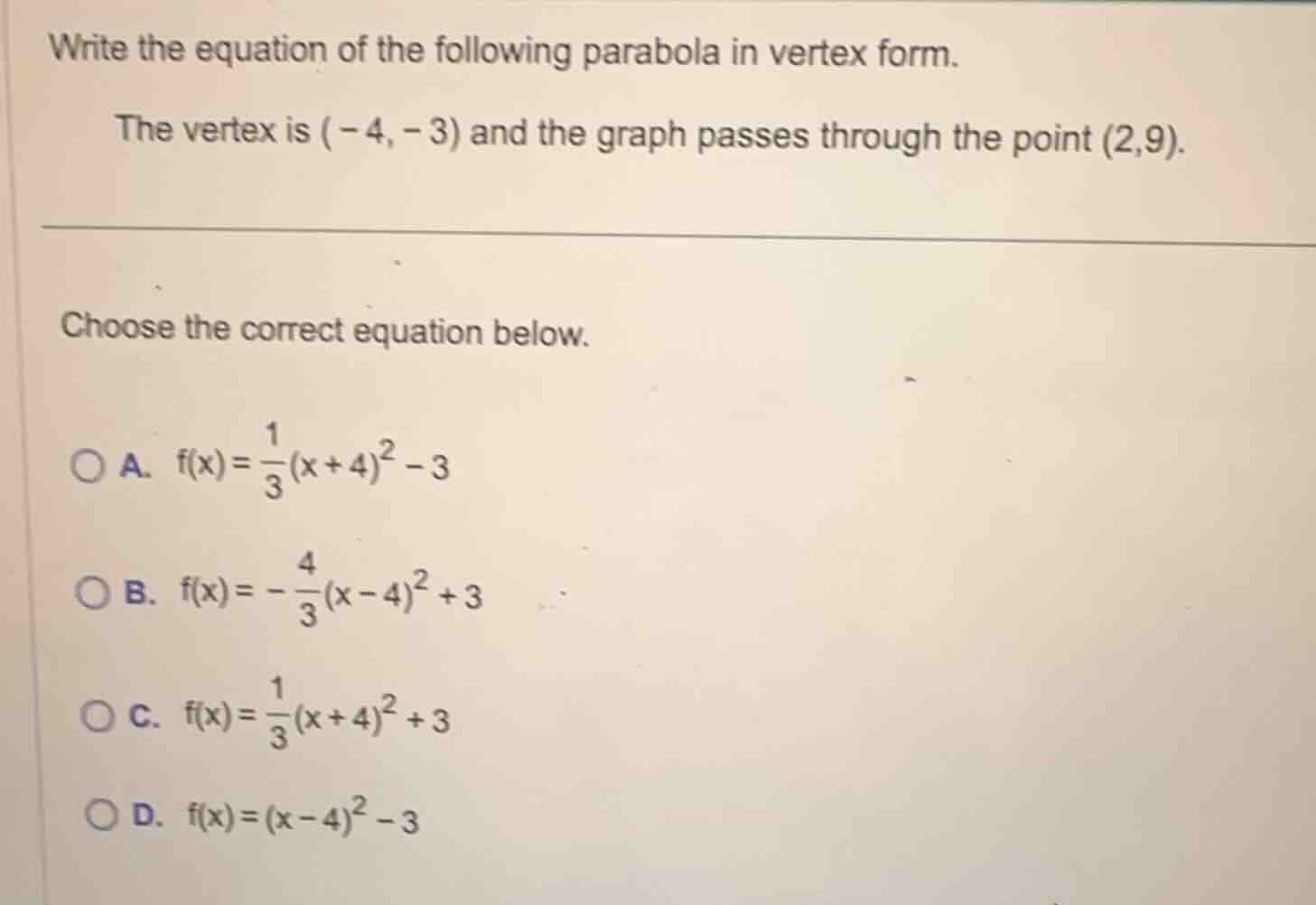 write the equation of the following parabola in vertex form. the vertex…