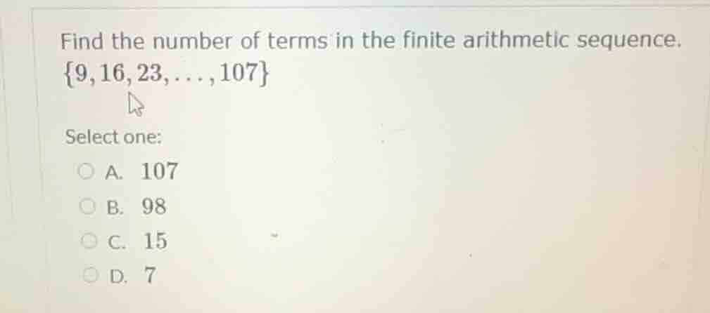 find the number of terms in the finite arithmetic sequence.\\{9,16,23,\…