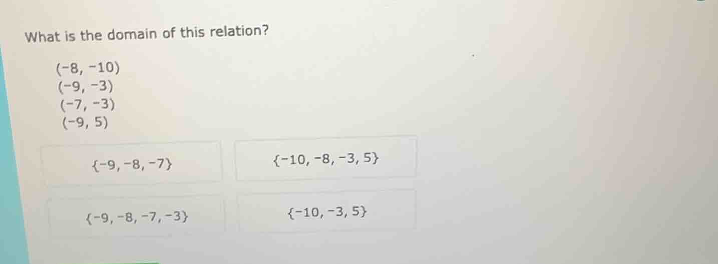 what is the domain of this relation? (-8, -10) (-9, -3) (-7, -3) (-9, 5…