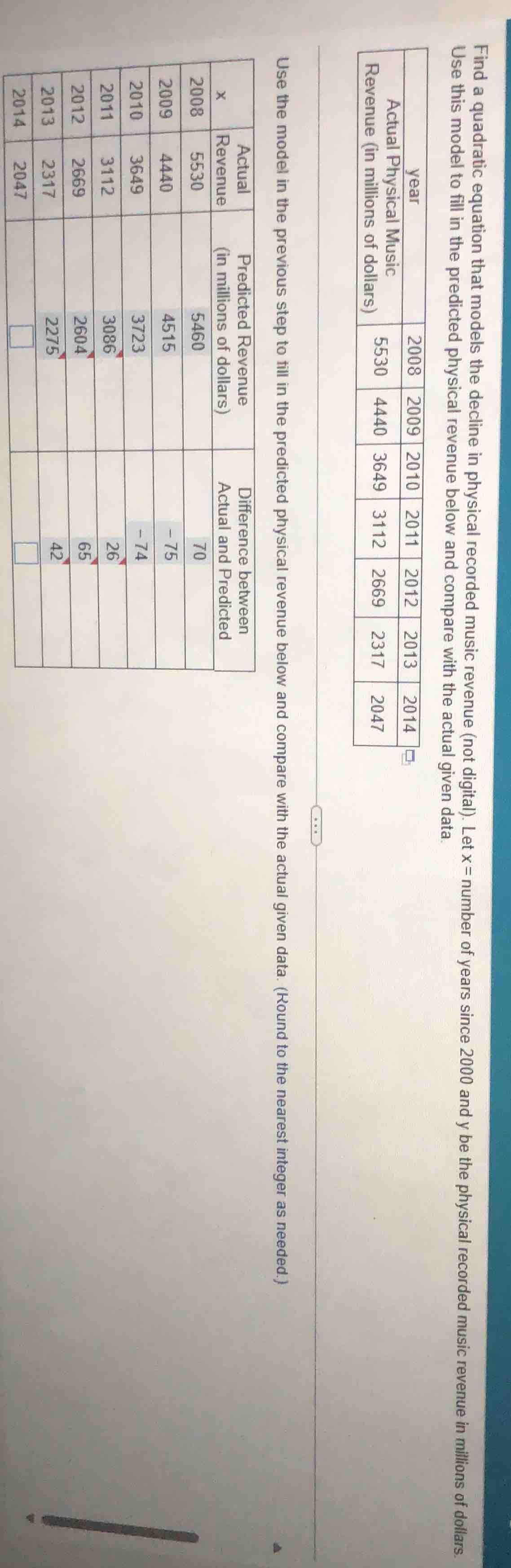 find a quadratic equation that models the decline in physical recorded …