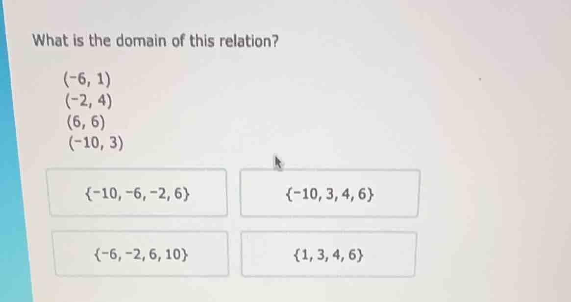 what is the domain of this relation? (-6, 1) (-2, 4) (6, 6) (-10, 3) {-…