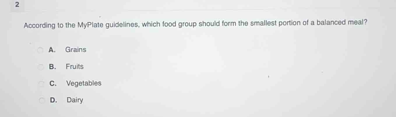 2 according to the myplate guidelines, which food group should form the…