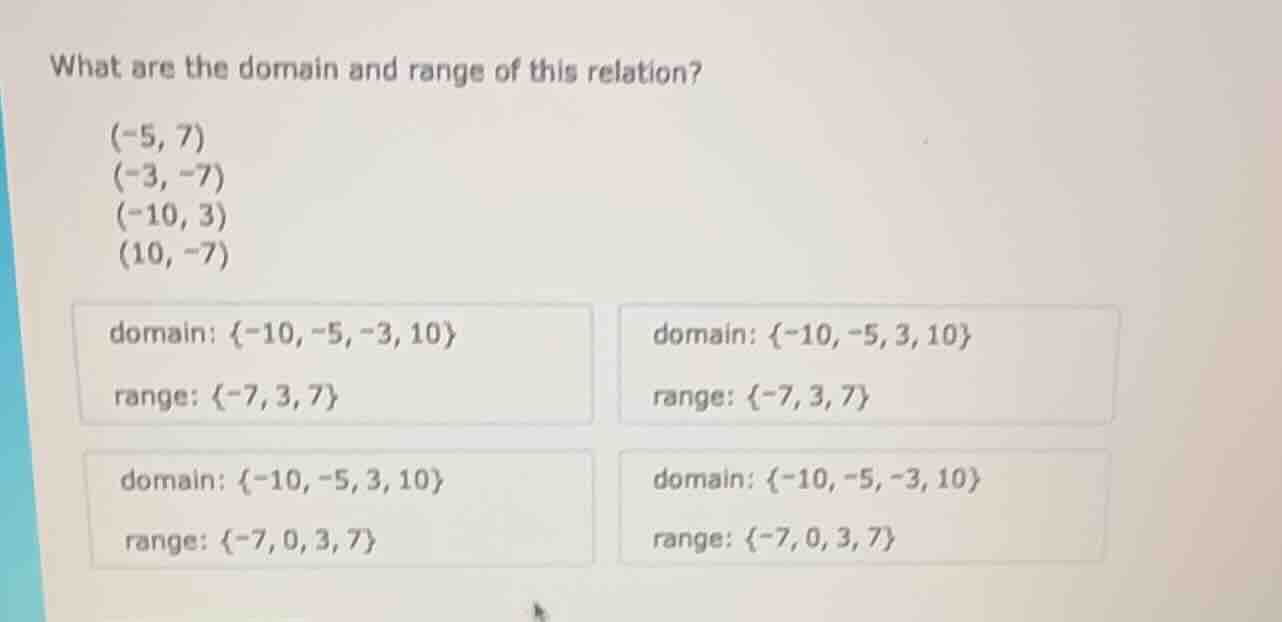 what are the domain and range of this relation? (-5, 7) (-3, -7) (-10, …