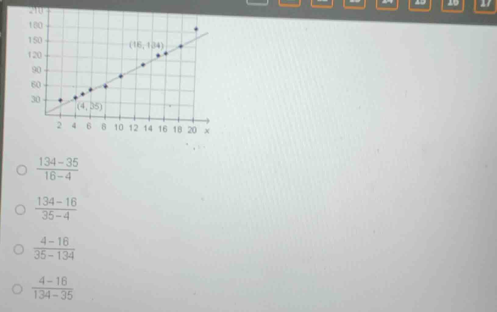 the graph has points (4, 35) and (16, 134). the options are: \\(\\frac{…