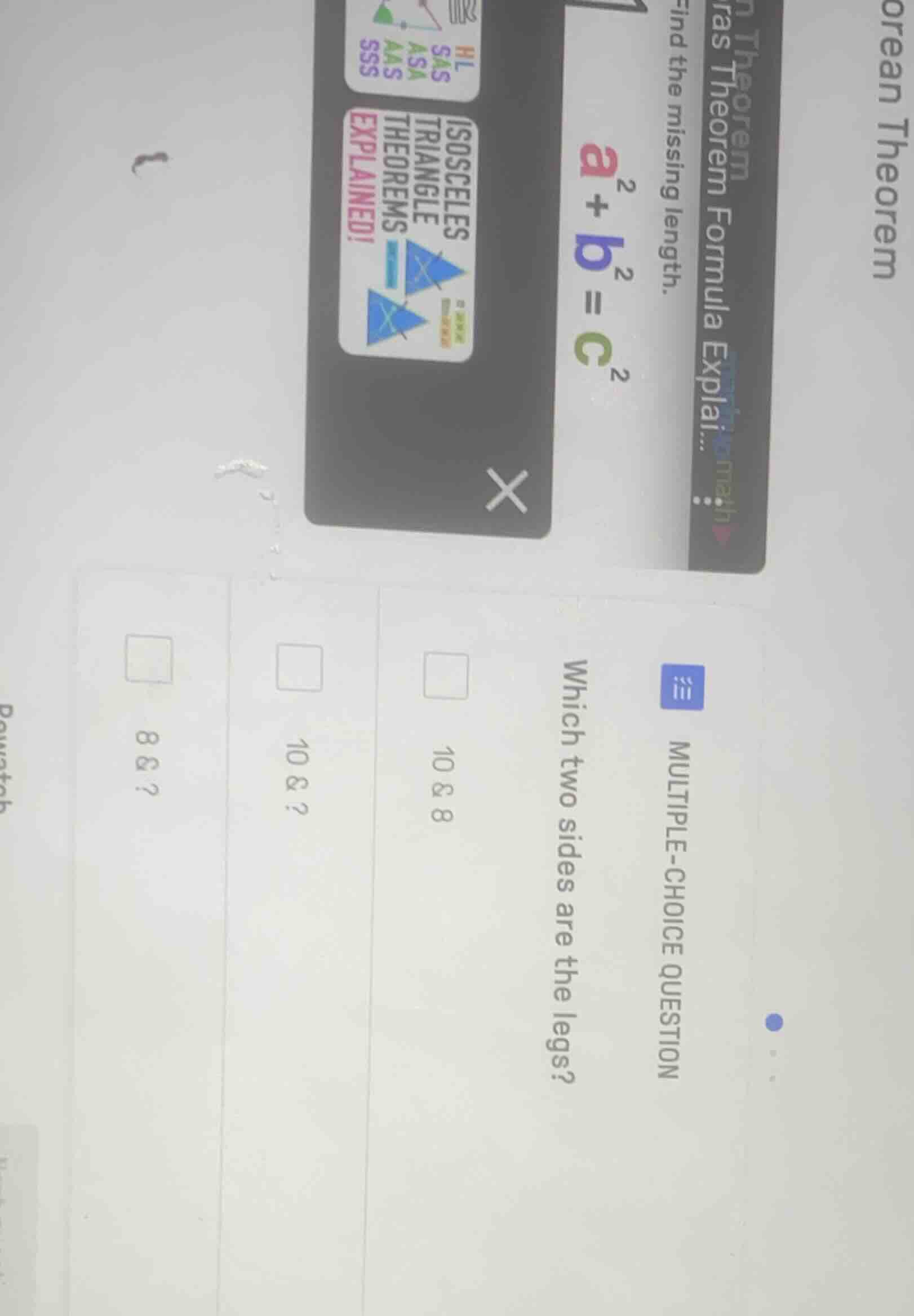 multiple-choice question which two sides are the legs? 10 & 8 10 &? 8 &…