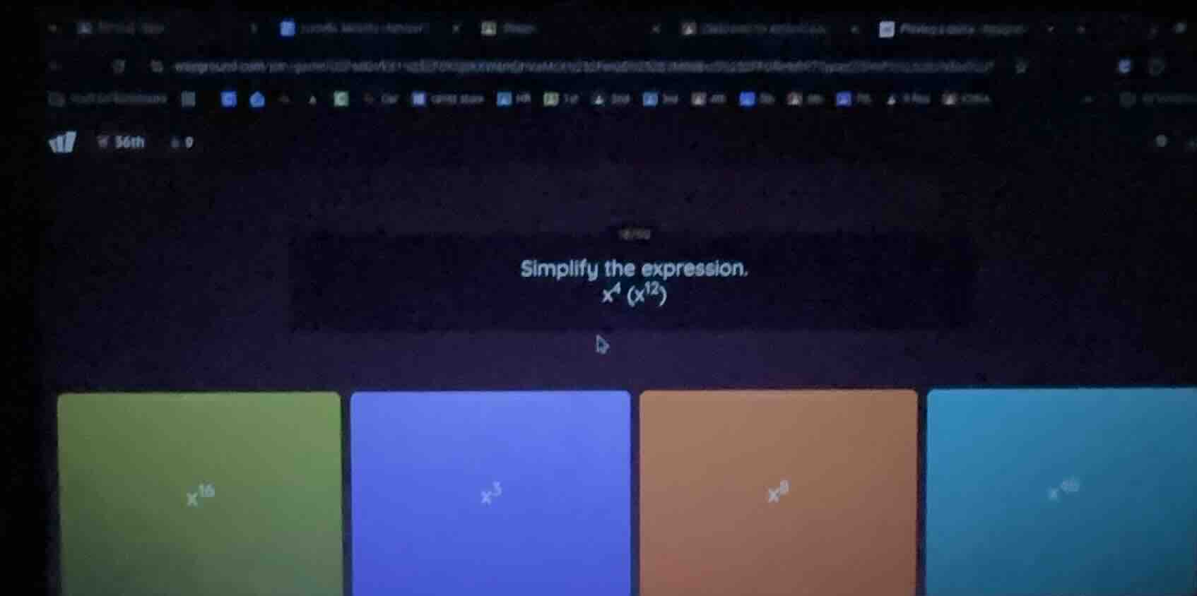 simplify the expression. $x^4 (x^{12})$ options: $x^{16}$, $x^3$, $x^8$…