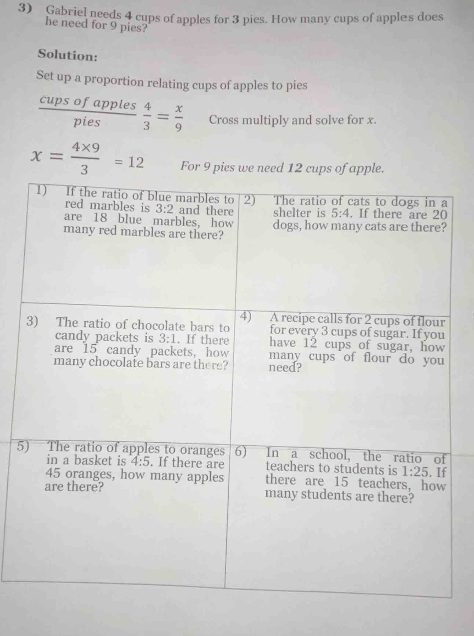 3) gabriel needs 4 cups of apples for 3 pies. how many cups of apples d…