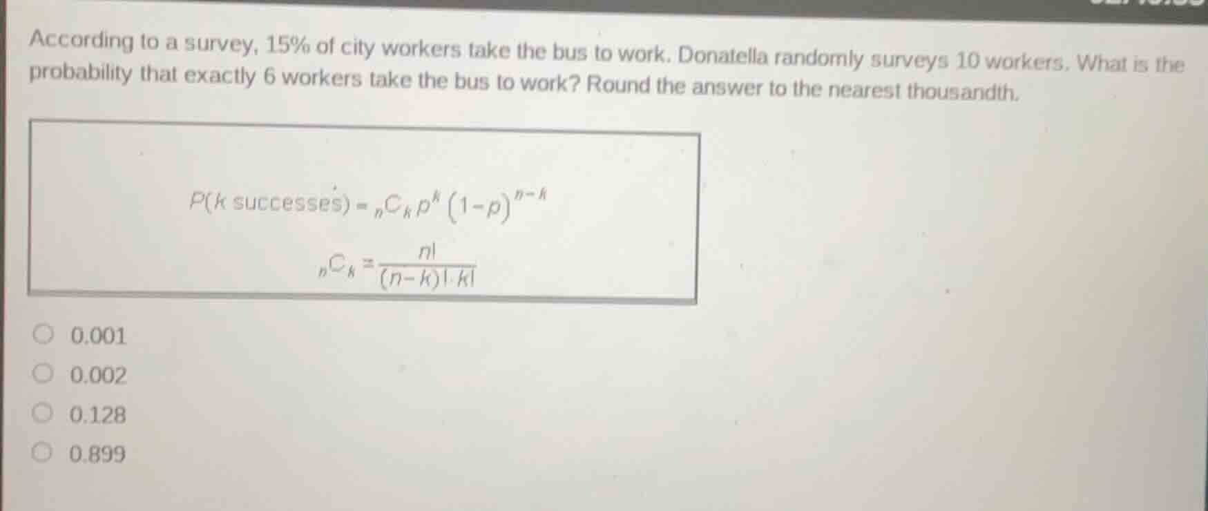 according to a survey, 15% of city workers take the bus to work. donate…