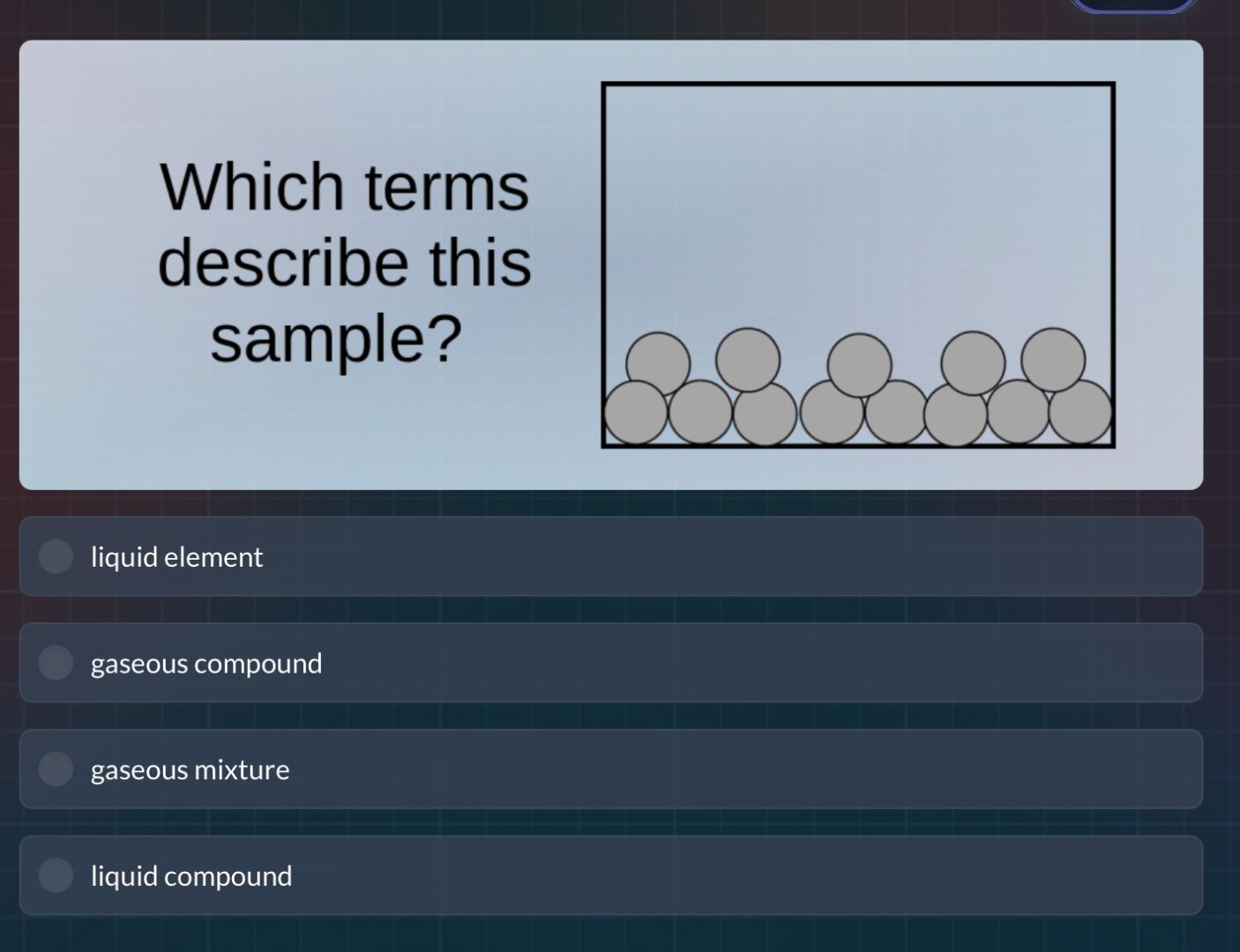which terms describe this sample? image of particles at the bottom of a…