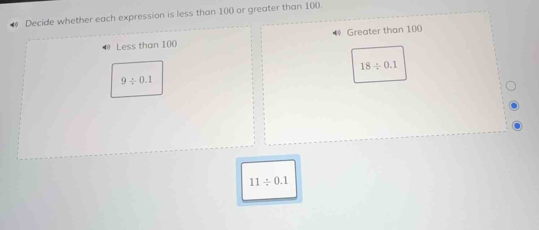 decide whether each expression is less than 100 or greater than 100. le…