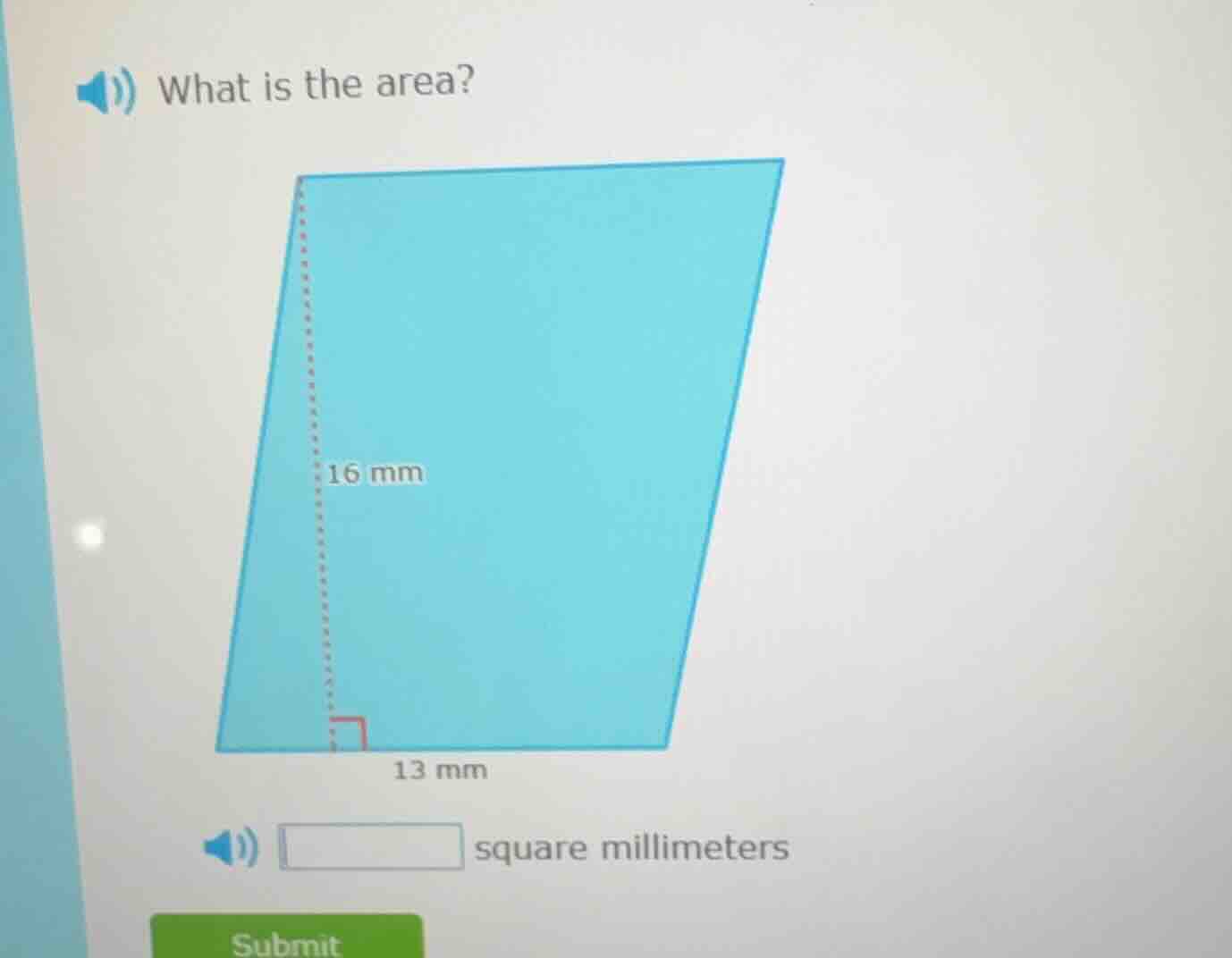 what is the area? image of a parallelogram with height 16 mm and base 1…