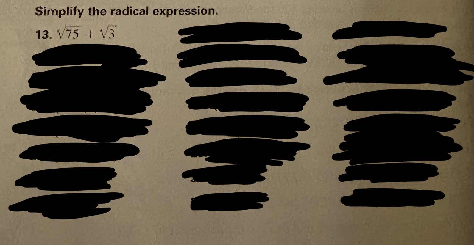 simplify the radical expression. 13. $sqrt{75} + sqrt{3}$