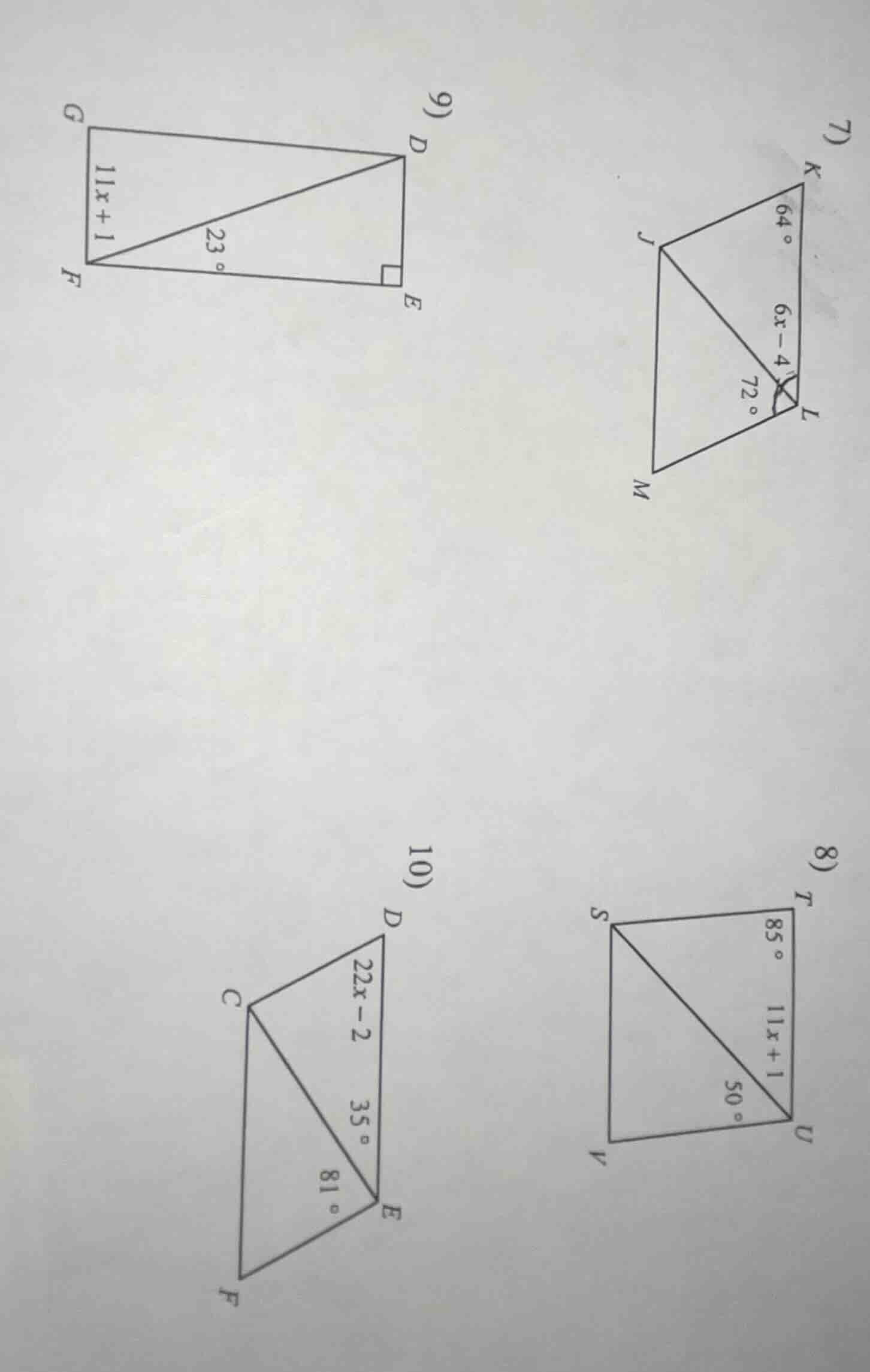 7) triangle and quadrilateral with angle 64°, 6x - 4, 72° at vertex l, …