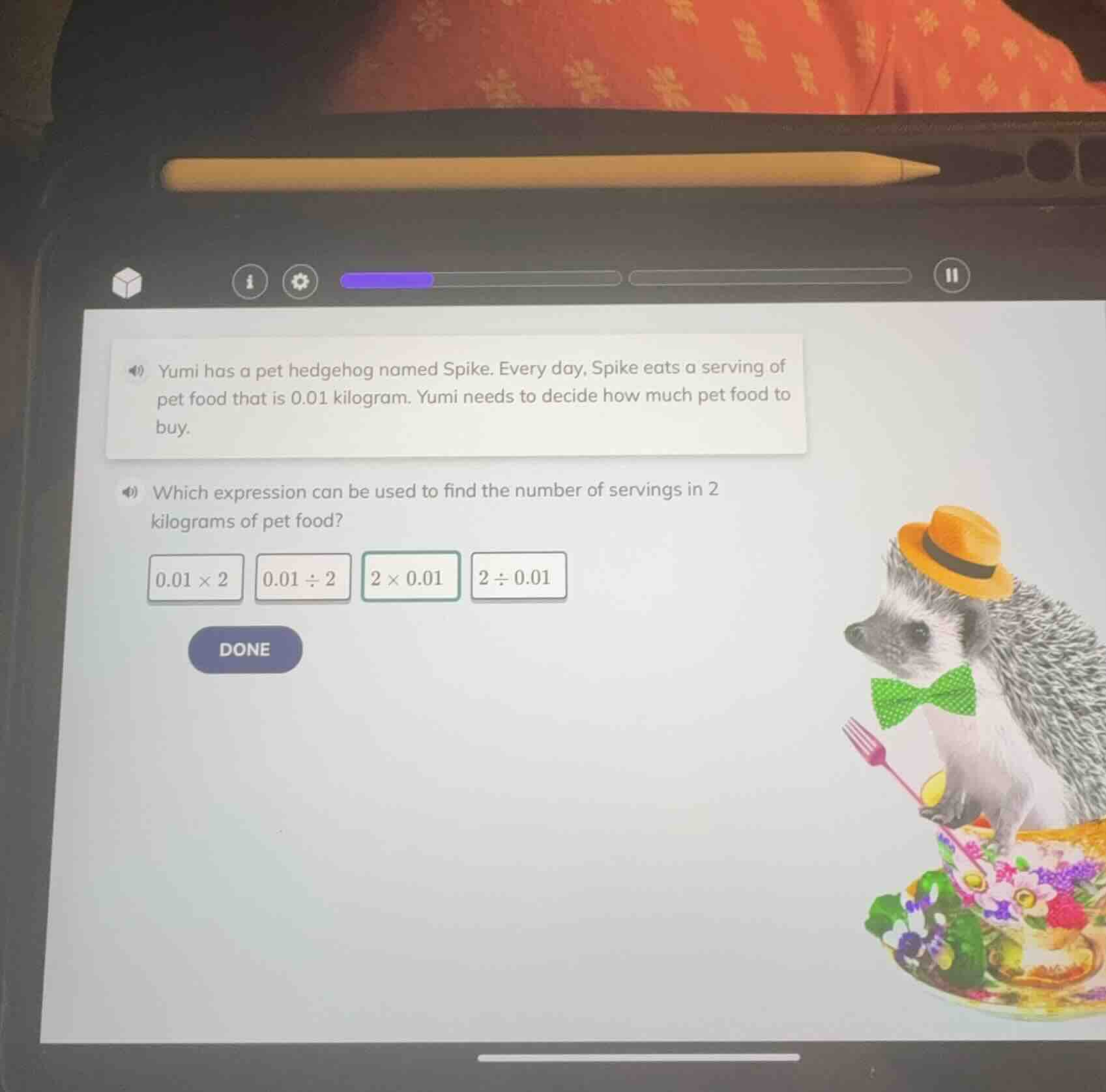 yumi has a pet hedgehog named spike. every day, spike eats a serving of…