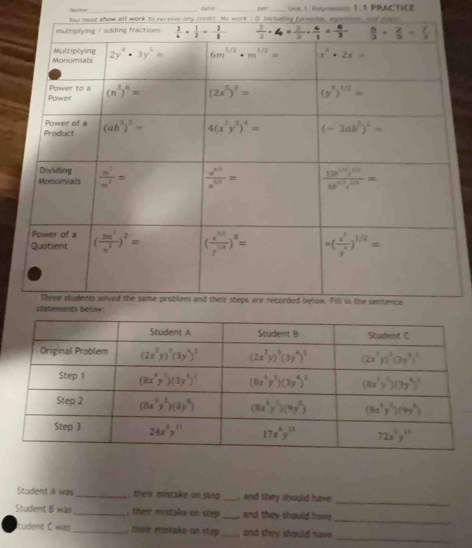 name date per unit 1. polynomials 1.1 practice you must show all work t…