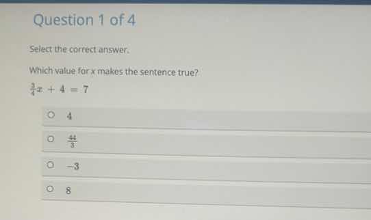 question 1 of 4 select the correct answer. which value for x makes the …