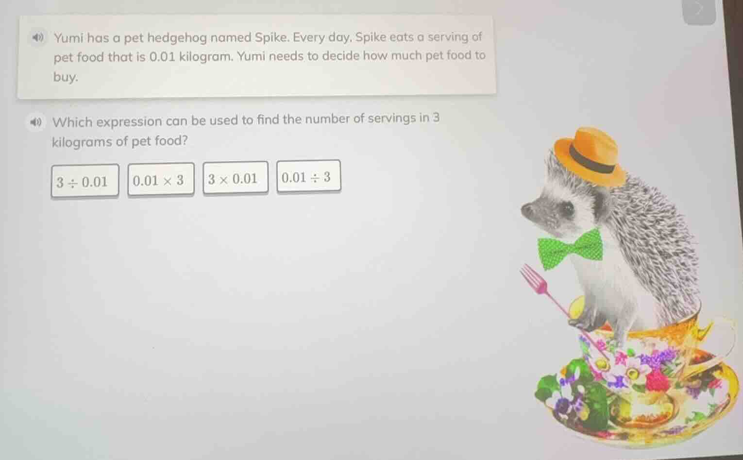 yumi has a pet hedgehog named spike. every day, spike eats a serving of…