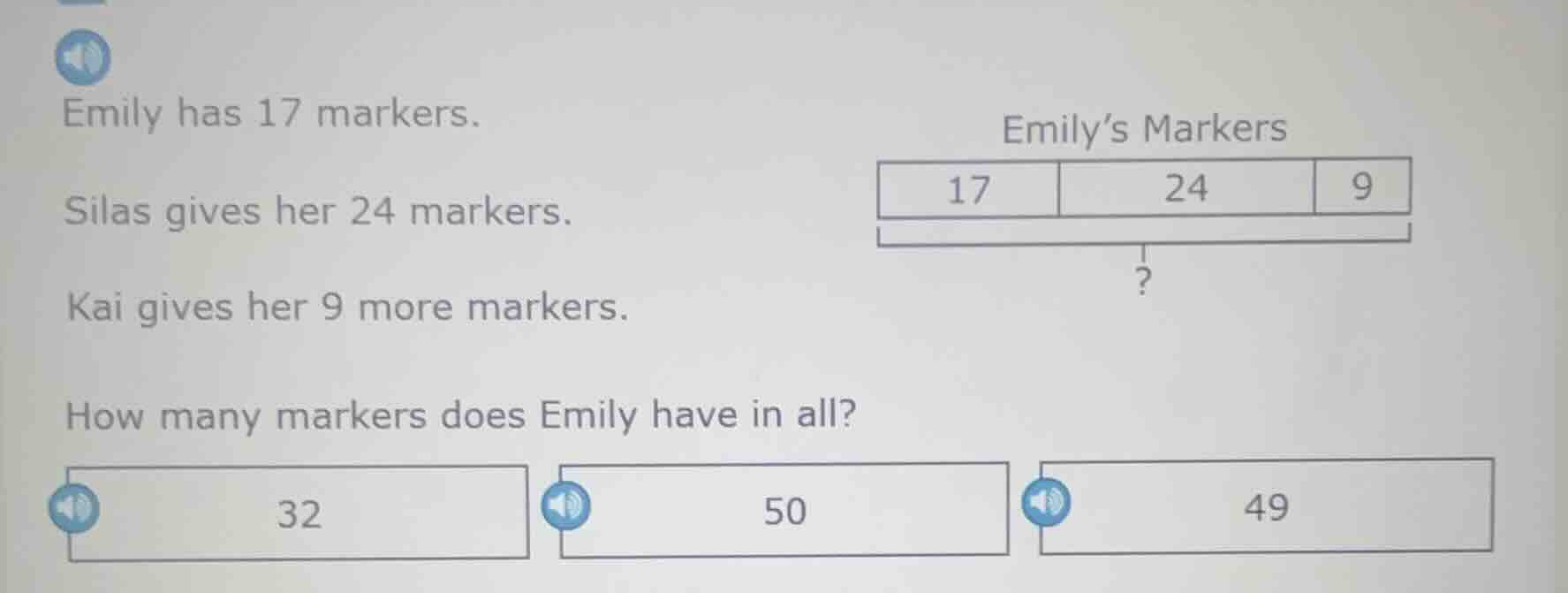 emily has 17 markers. silas gives her 24 markers. kai gives her 9 more …