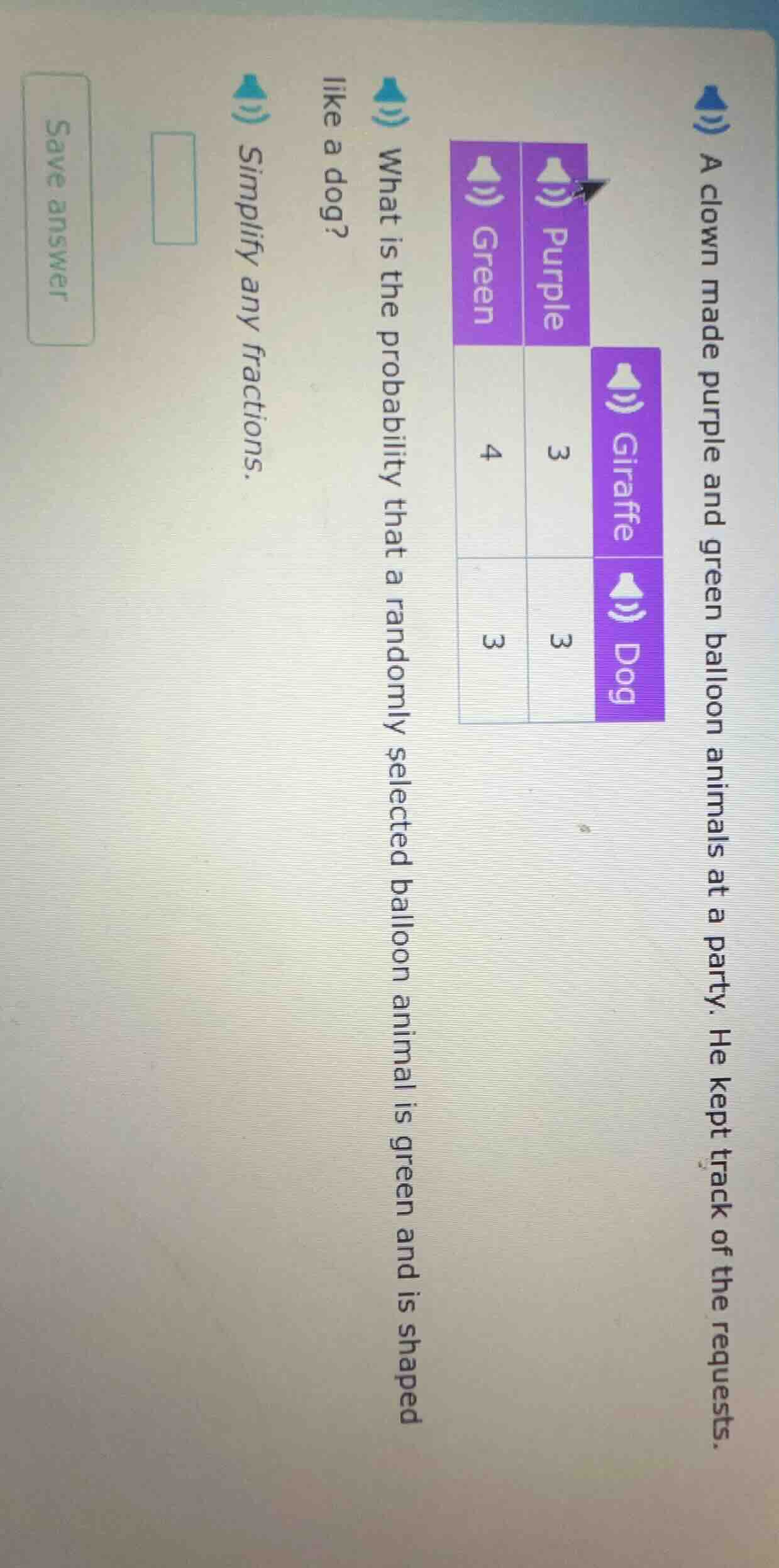 a clown made purple and green balloon animals at a party. he kept track…