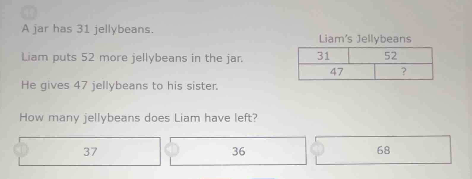 a jar has 31 jellybeans. liam puts 52 more jellybeans in the jar. he gi…