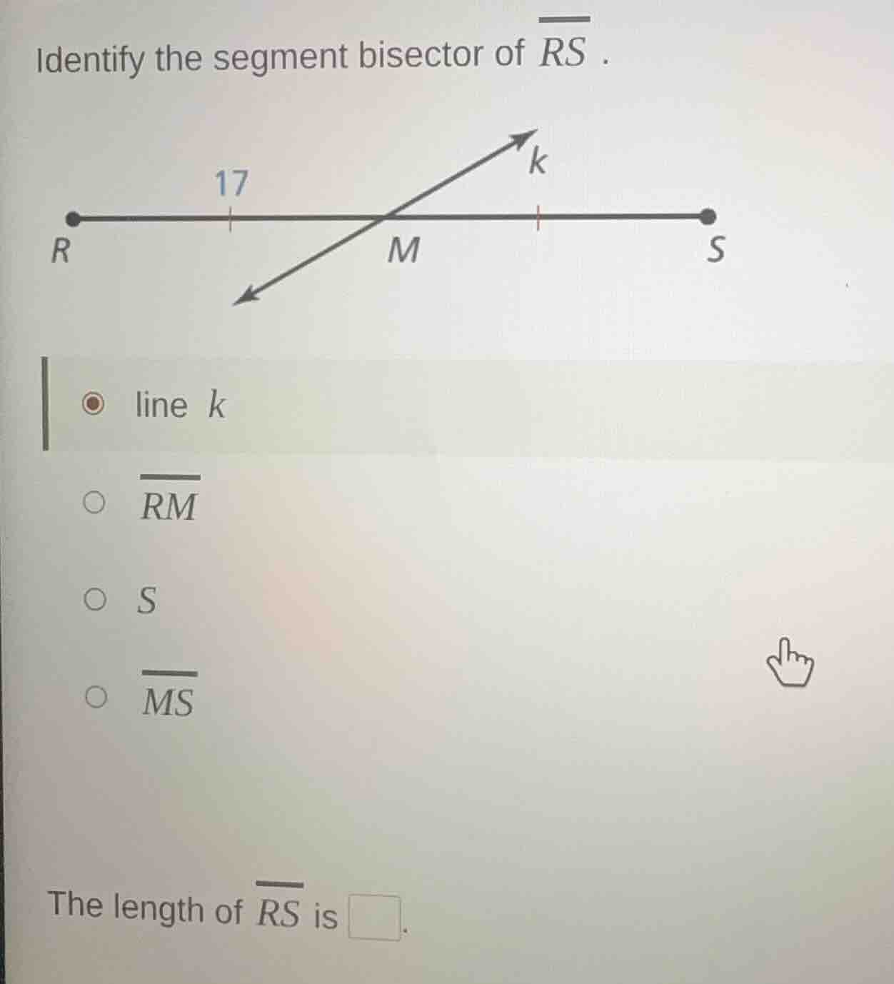 identify the segment bisector of \\(\\overline{rs}\\). (image of line s…