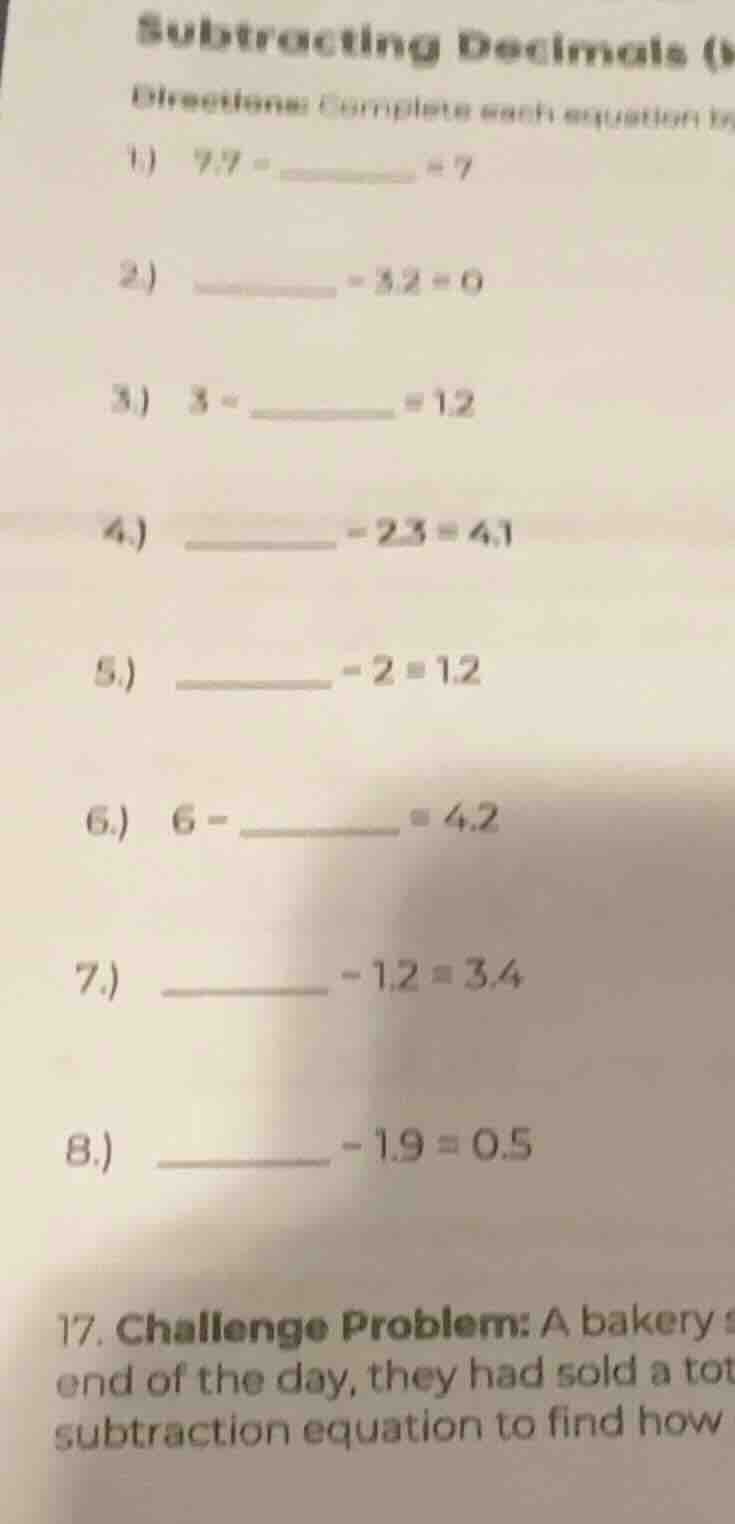 subtracting decimals (\ directions: complete each equation \ 1) \\( 7.7…