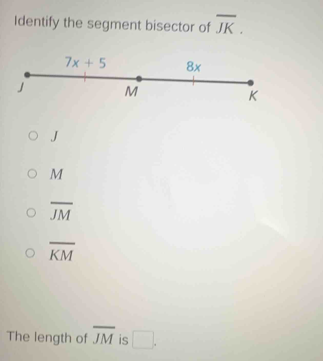 identify the segment bisector of (overline{jk}). line segment with poin…