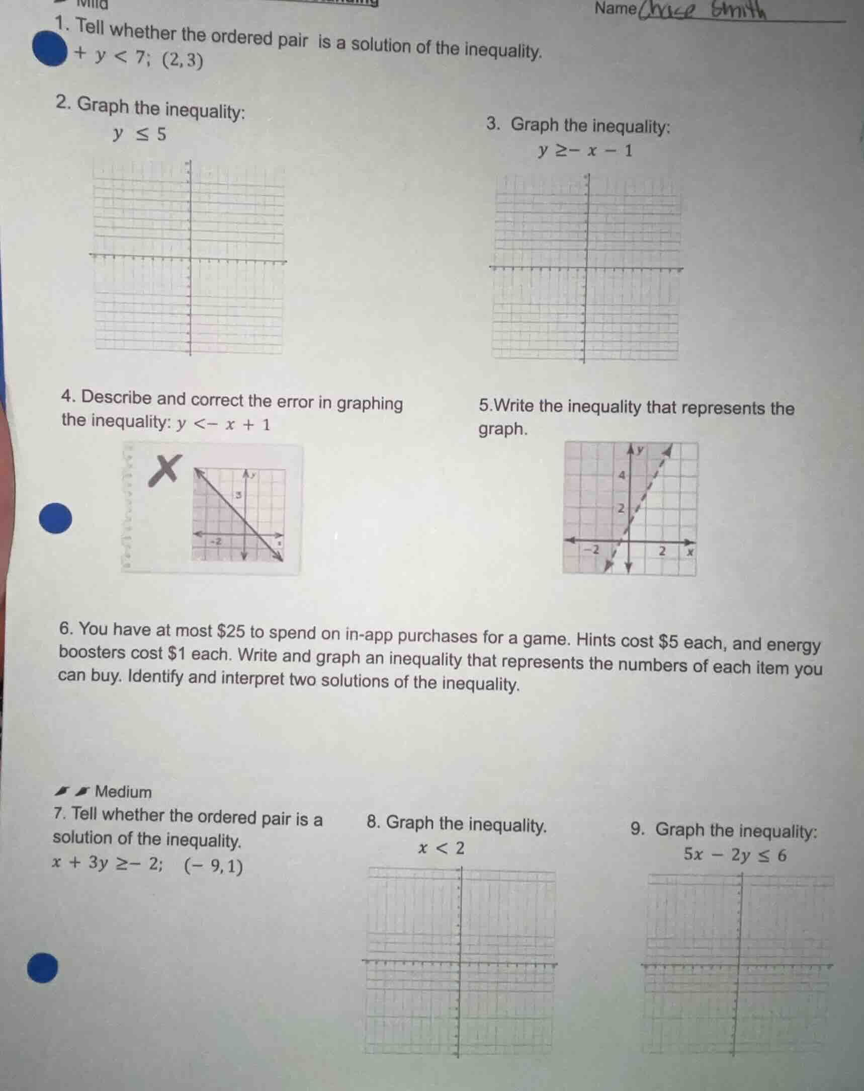 1. tell whether the ordered pair is a solution of the inequality. + y <…