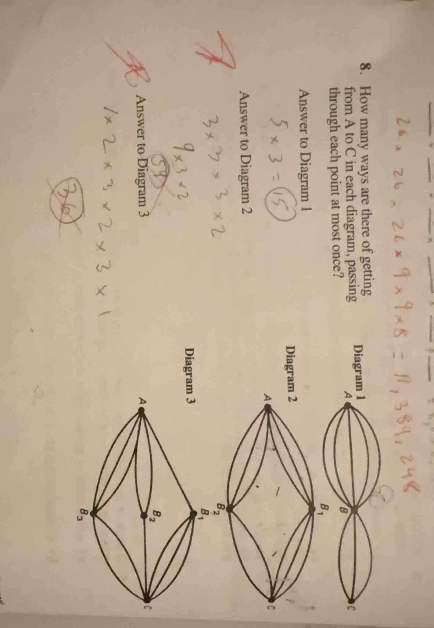 8. how many ways are there of getting from a to c in each diagram, pass…